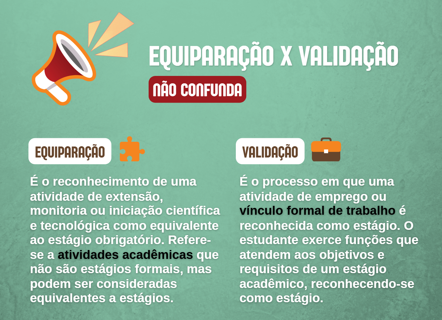 Diferença entre Equiparação e Validação do estágio. Equiparação se refere ao reconhecimento de atividades acadêmicas como equivalentes ao estágio. Já a validação se refere ao reconhecimento do  vínculo formal de trabalho como estágio.